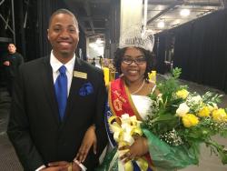 Miss Chowan LaTarryl Hall poses for a photo with her escort after making school history as its first Food Lion Miss CIAA. Food Lion crowned her as the winner today at the CIAA McDonald’s Super Saturday in the Time Warner Cable Arena.